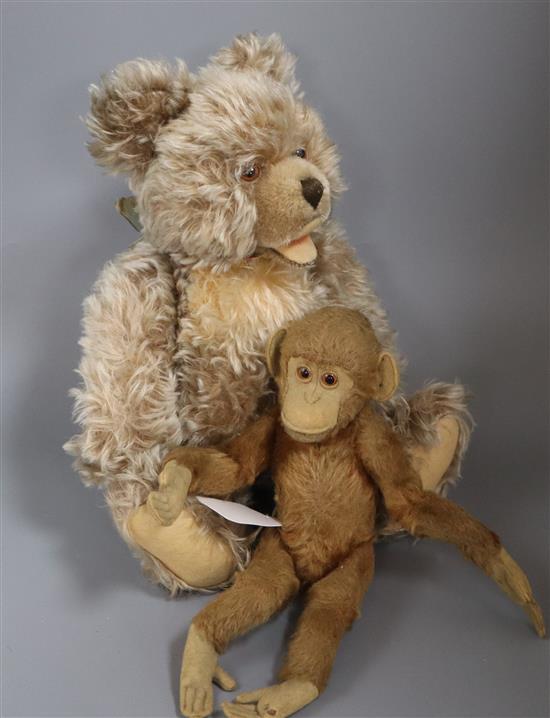A Steiff Zotty bear c.1950s, chest tag but no button, good condition and a Steiff monkey c.1920, some thinning, with button, tiny hole